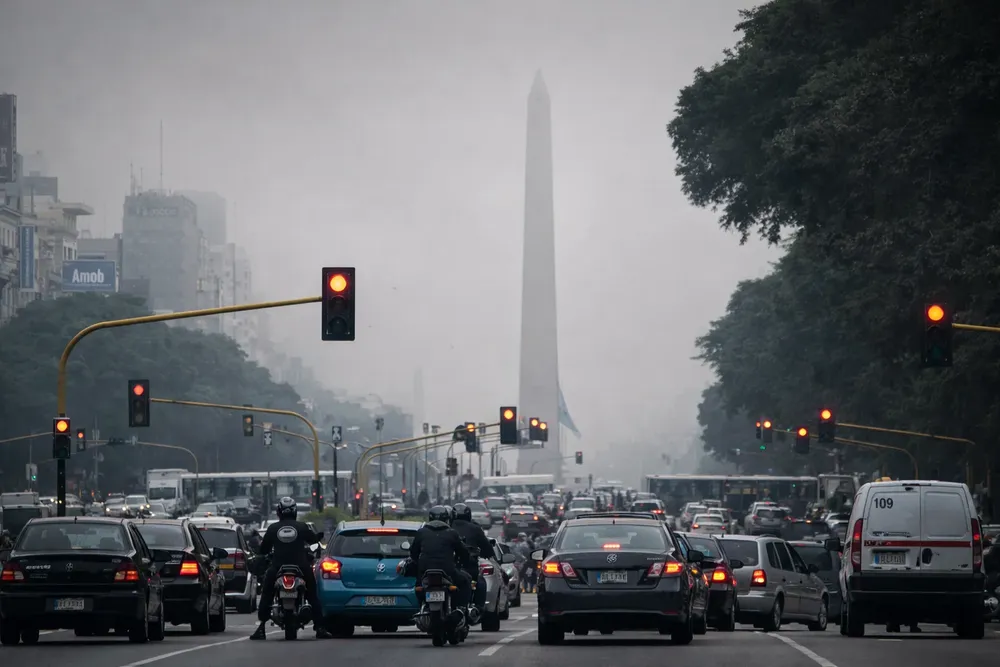 Tráfico denso bajo cielo nublado