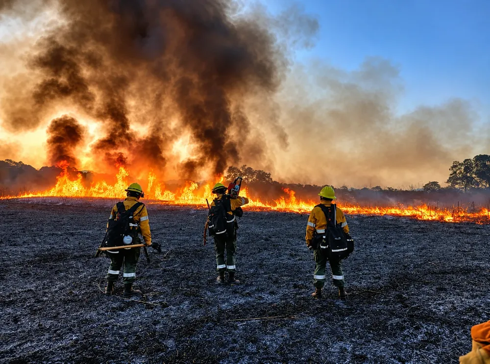 Bomberos frente al incendio forestal