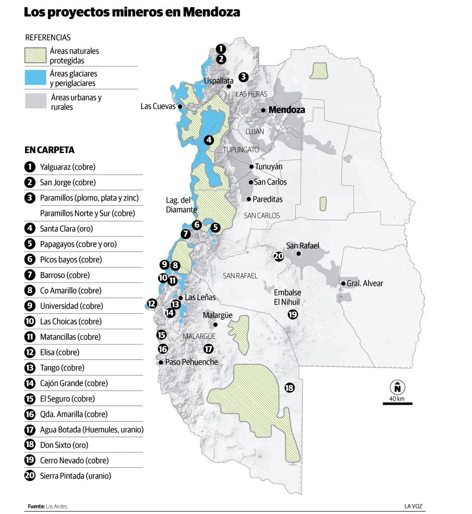  Mapa de Mendoza destacando las áreas con proyectos mineros como Malargüe y San Rafael.